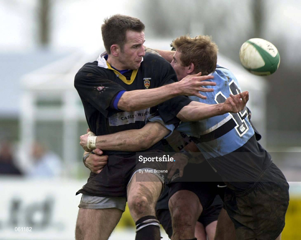 14 April 2001; Stanley McDowell of Ballymena is tackled by Gavin Duffy of Galwegians during the AIB League Division One match between Ballymena and Galwegians at Ballymena Rugby Club in Antrim. Photo by Matt Browne/Sportsfile