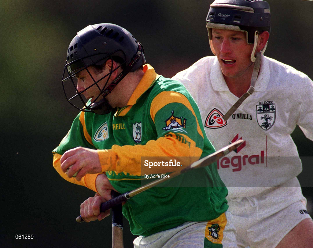 29 April 2001; Kevin Dowd of Meath in action against Tom Carew of Kildare during the Guinness Leinster Senior Hurling Championship Preliminary Round match between Kildare and Meath at Conneff Park in Clane, Kildare. Photo by Aoife Rice/Sportsfile