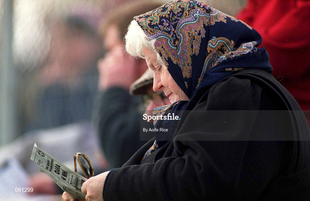 29 April 2001; A Kildare fan checks the programme during the Guinness Leinster Senior Hurling Championship Preliminary Round match between Kildare and Meath at Conneff Park in Clane, Kildare. Photo by Aoife Rice/Sportsfile