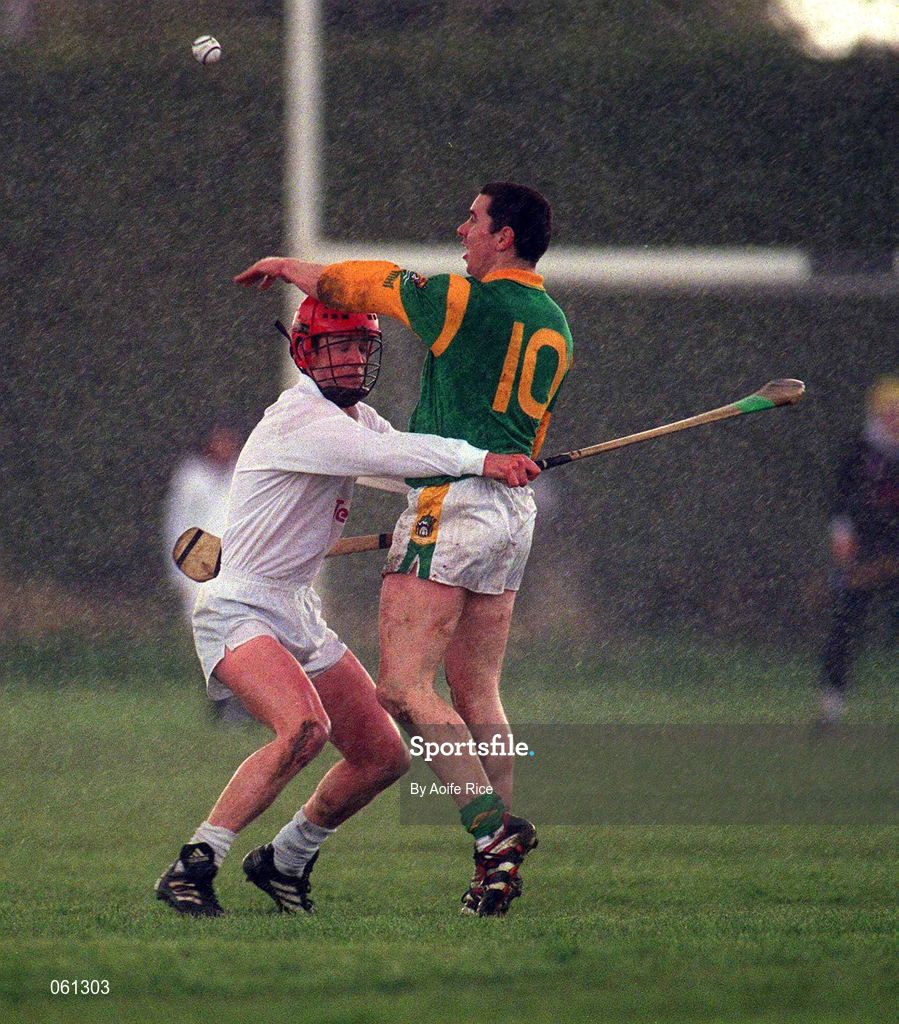 29 April 2001; Fergus McMahon of Meath in action against Mark Hennessey of Kildare during the Guinness Leinster Senior Hurling Championship Preliminary Round match between Kildare and Meath at Conneff Park in Clane, Kildare. Photo by Aoife Rice/Sportsfile