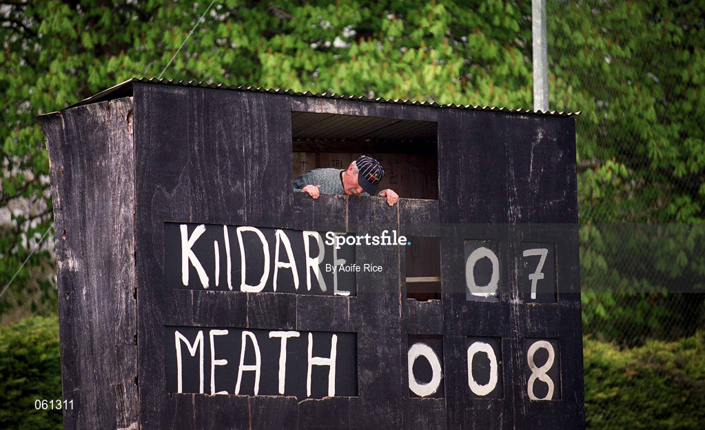 29 April 2001; The scorekeeper adjusts the scoreboard prior to the Guinness Leinster Senior Hurling Championship Preliminary Round match between Kildare and Meath at Conneff Park in Clane, Kildare. Photo by Aoife Rice/Sportsfile
