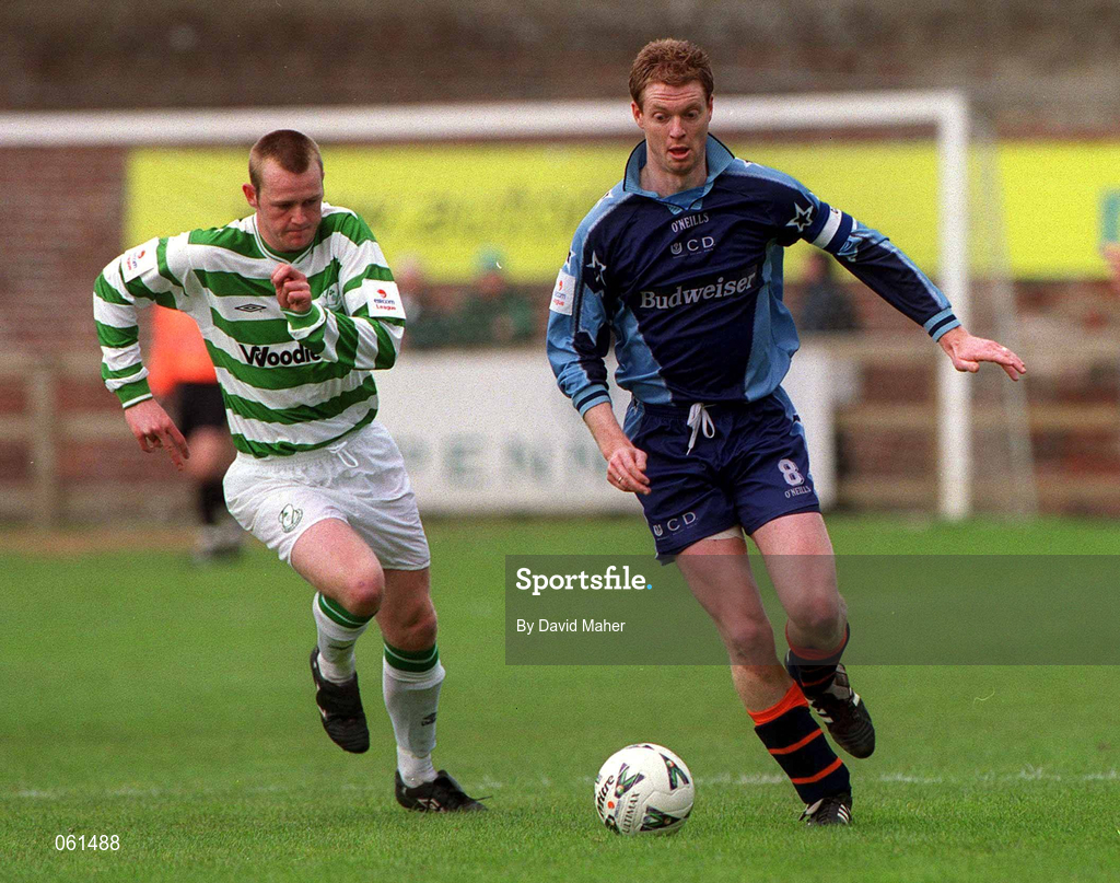 29 April 2001; Tony McDonnell of UCD in action against Pat Deans of Shamrock Rovers during the Eircom League Premier Division match between UCD and Shamrock Rovers at Belfield Park in UCD, Dublin. Photo by David Maher/Sportsfile