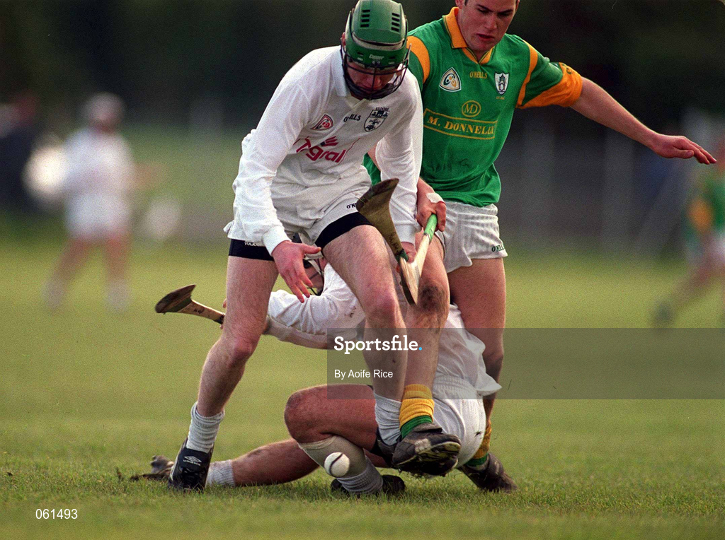 29 April 2001; Richie Hoban of Kildare is tackled by Nicky Horan of Meath during the Guinness Leinster Senior Hurling Championship Preliminary Round match between Kildare and Meath at Conneff Park in Clane, Kildare. Photo by Aoife Rice/Sportsfile
