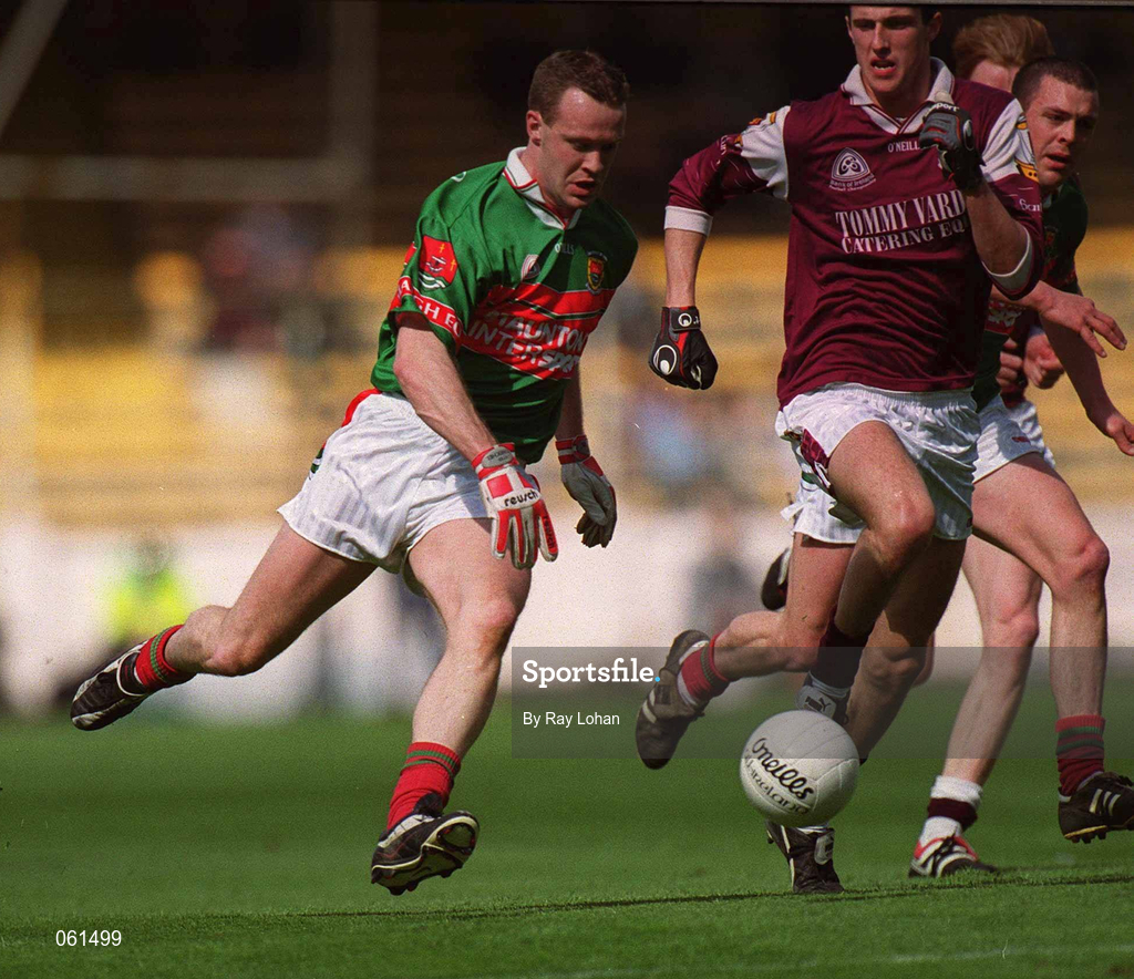 29 April 2001; David Brady of Mayo in action against Joe Bergin of Galway during the Allianz GAA National Football League Division 1 Final match between Mayo and Galway at Croke Park in Dublin. Photo by Ray Lohan/Sportsfile