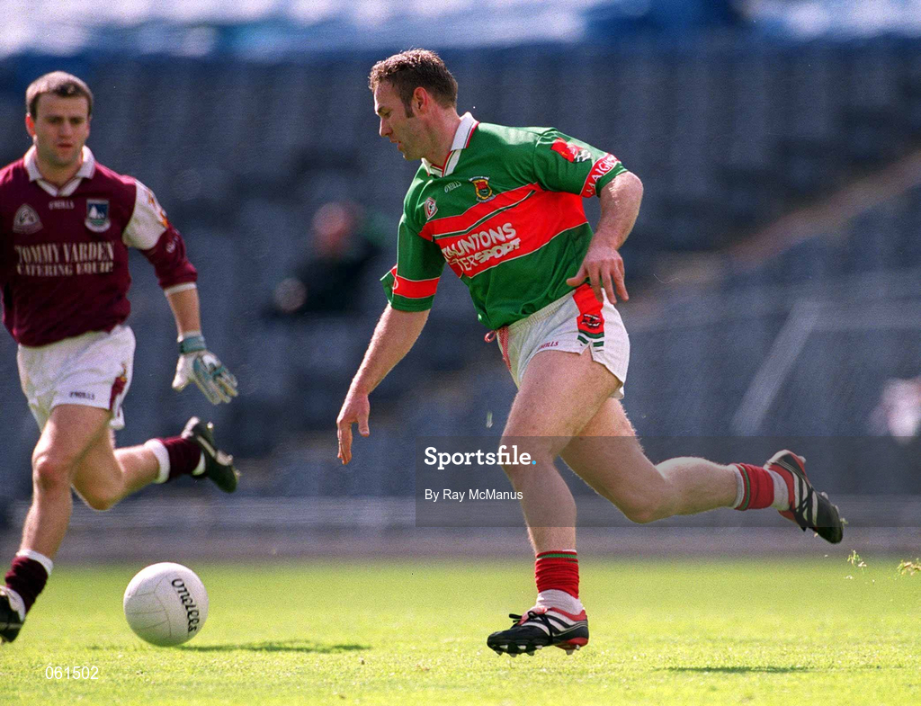 29 April 2001; Colm McManaman of Mayo in action against Derek Savage of Galway during the Allianz GAA National Football League Division 1 Final match between Mayo and Galway at Croke Park in Dublin. Photo by Ray McManus/Sportsfile