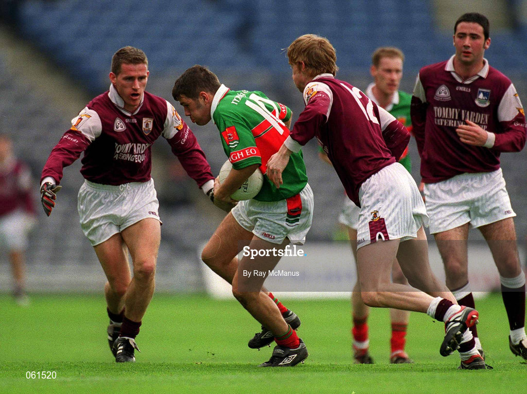 29 April 2001; James Gill of Mayo is tackled by Lorcan Colleran of Galway during the Allianz GAA National Football League Division 1 Final match betweem Mayo and Galway at Croke Park in Dublin. Photo by Ray McManus/Sportsfile