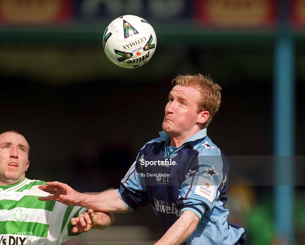 29 April 2001; Michael O'Donnell of UCD in action against Tony Grant of Shamrock Rovers during the Eircom League Premier Division match between UCD and Shamrock Rovers at Belfield Park in UCD, Dublin. Photo by David Maher/Sportsfile