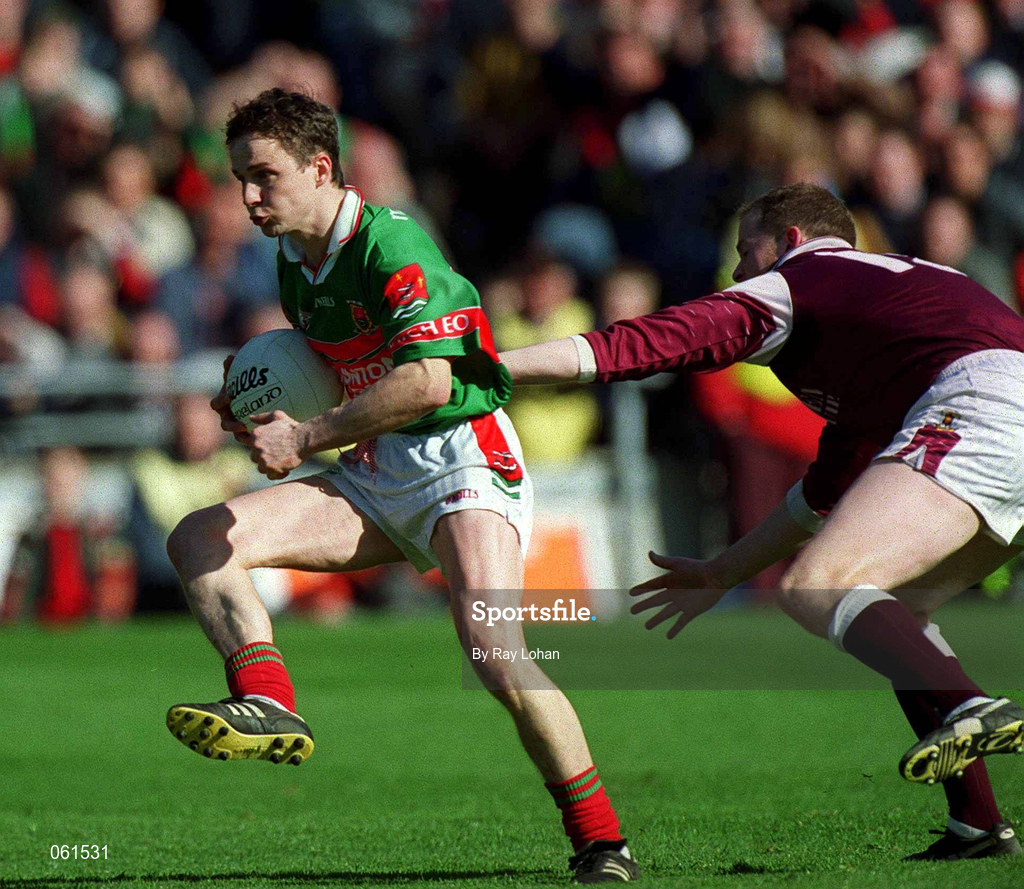 29 April 2001; Ray Connelly of Mayo is tackled by John Donnellan of Galway during the Allianz GAA National Football League Division 1 Final match betweem Mayo and Galway at Croke Park in Dublin. Photo by Ray Lohan/Sportsfile