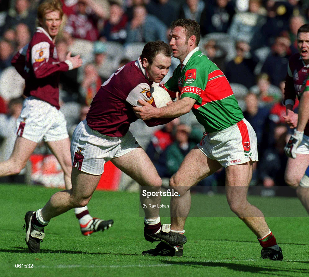 29 April 2001; John Divilly of Galway is tackled by Colm McManaman of Mayo during the Allianz GAA National Football League Division 1 Final match betweem Mayo and Galway at Croke Park in Dublin. Photo by Ray Lohan/Sportsfile