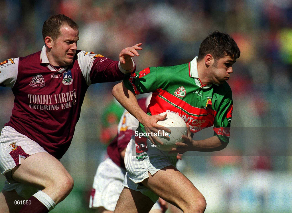 29 April 2001; Stephen Carolan of Mayo in action against John Donnellan of Galway during the Allianz GAA National Football League Division 1 Final match betweem Mayo and Galway at Croke Park in Dublin. Photo by Ray Lohan/Sportsfile