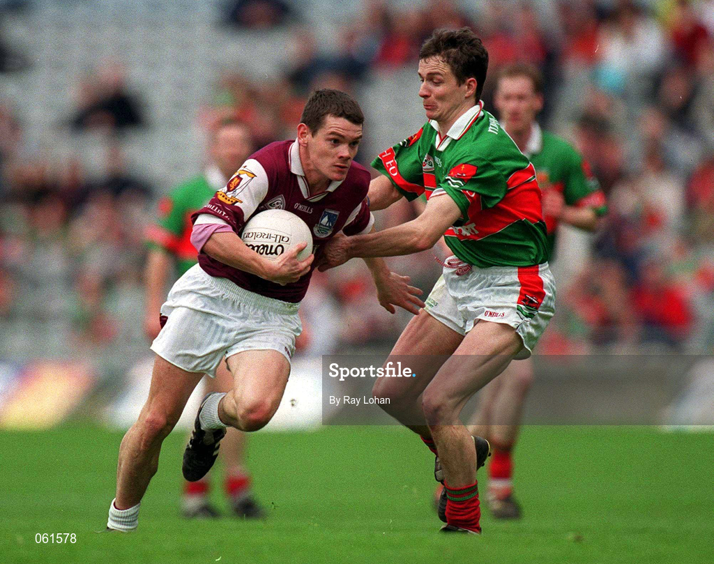 29 April 2001; Declan Meehan of Galway in action against Ray Connelly of Mayo during the Allianz GAA National Football League Division 1 Final match betweem Mayo and Galway at Croke Park in Dublin. Photo by Ray Lohan/Sportsfile