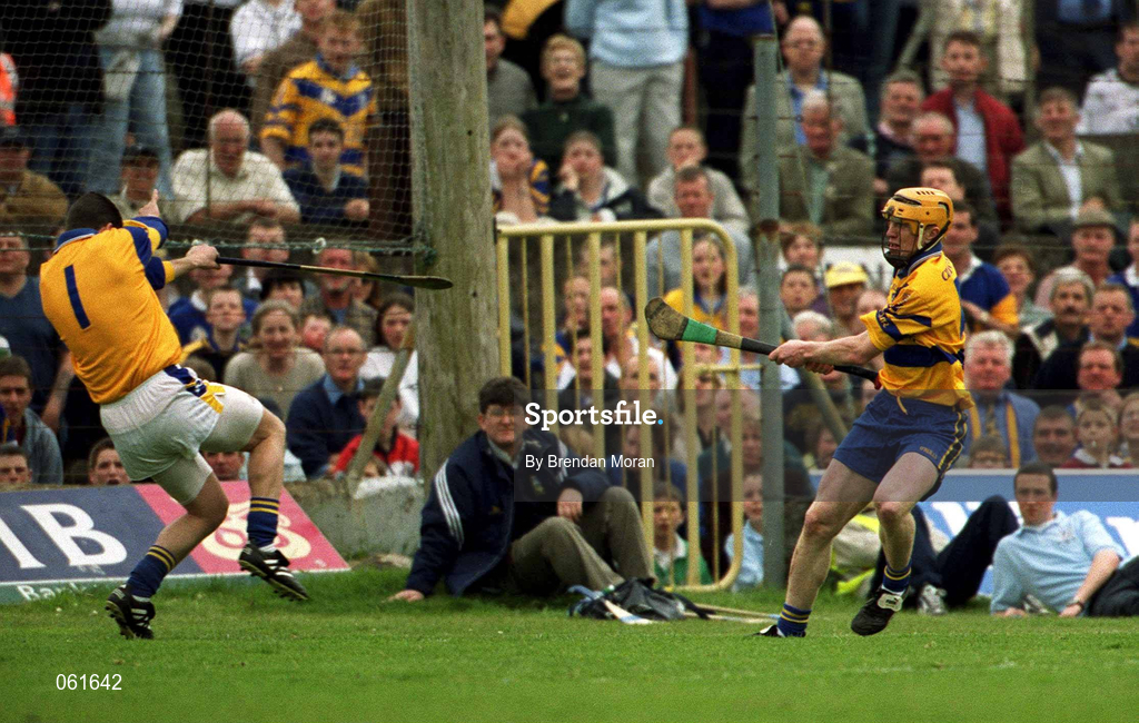 6 May 2001; Tipperary goalkeeper Brendan Cummins makes a save from Niall Gilligan of Clare during the Allianz National Hurling League Final match between Tipperary and Clare at the Gaelic Grounds in Limerick. Photo by Brendan Moran/Sportsfile *** Local Caption ***
