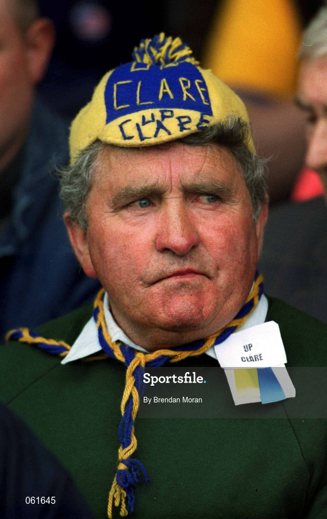 6 May 2001; A Clare GAA fan looks on during the Allianz National Hurling League Final match between Tipperary and Clare at the Gaelic Grounds in Limerick. Photo by Brendan Moran/Sportsfile *** Local Caption ***
