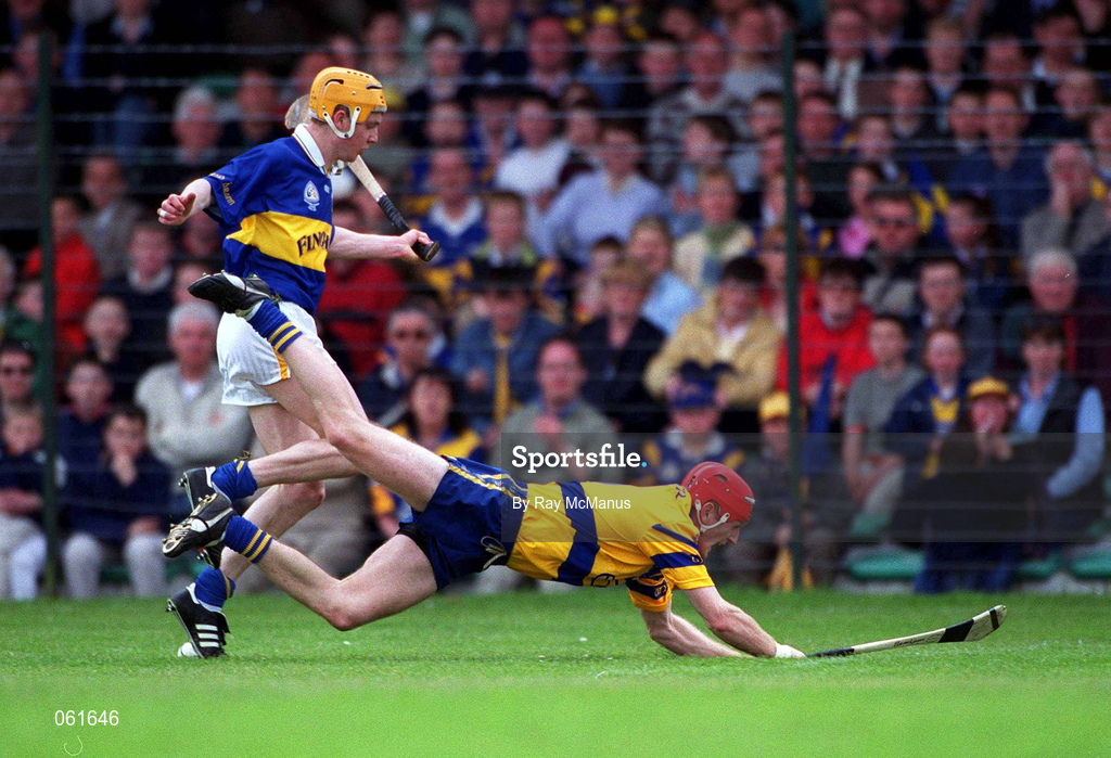 6 May 2001; Brian Lohan of Clare in action against Lar Corbett of Tipperary during the Allianz National Hurling League Final match between Tipperary and Clare at the Gaelic Grounds in Limerick. Photo by Ray McManus/Sportsfile