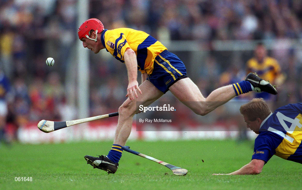 6 May 2001; Brian Lohan of Clare in action against Declan Ryan of Tipperary during the Allianz National Hurling League Final match between Tipperary and Clare at the Gaelic Grounds in Limerick. Photo by Ray McManus/Sportsfile