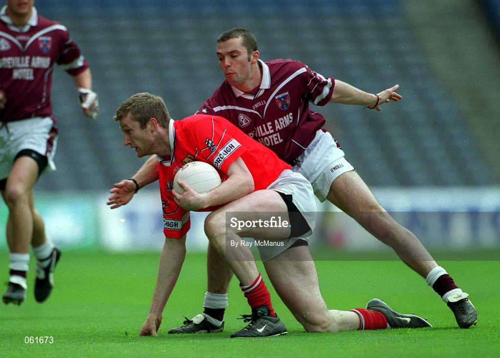 29 April 2001; Nicholas Murphy of Cork is challenged by David O'Shaughnessy of Westmeath during the Allianz GAA National Football League Division 2 Final match between Westmeath and Cork at Croke Park in Dublin. Photo by Ray McManus/Sportsfile