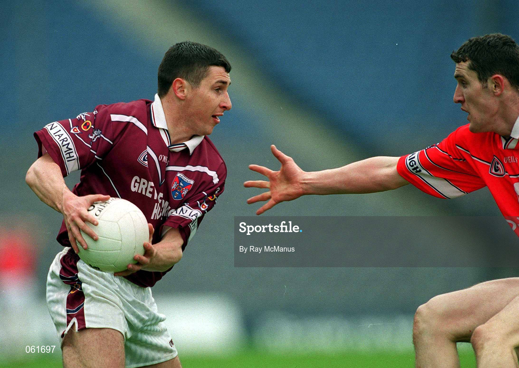 29 April 2001; David Mitchell of Westmeath is challenged by Graham Canty of Cork during the Allianz GAA National Football League Division 2 Final match between Westmeath and Cork at Croke Park in Dublin. Photo by Ray McManus/Sportsfile