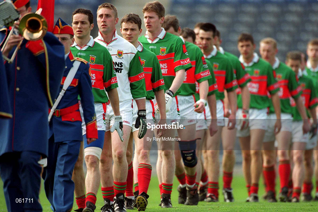 29 April 2001; The Mayo team in the pre-match parade before the Allianz GAA National Football League Division 1 Final match betweem Mayo and Galway at Croke Park in Dublin. Photo by Ray McManus/Sportsfile