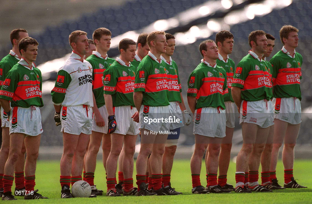 29 April 2001; Mayo players stand for the National Anthem before the Allianz GAA National Football League Division 1 Final match betweem Mayo and Galway at Croke Park in Dublin. Photo by Ray McManus/Sportsfile