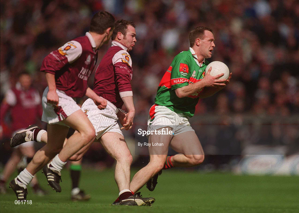 29 April 2001; David Brady of Mayo in action against John Divilly of Galway during the Allianz GAA National Football League Division 1 Final match betweem Mayo and Galway at Croke Park in Dublin. Photo by Ray Lohan/Sportsfile