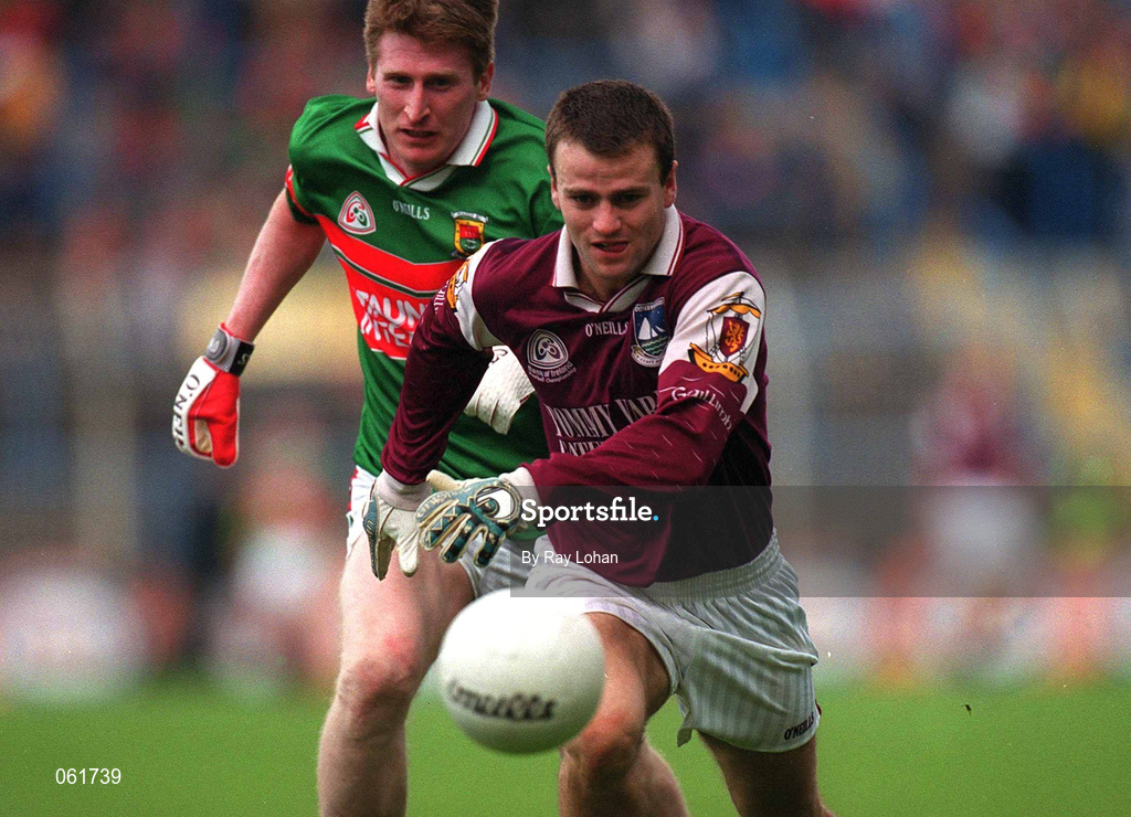 29 April 2001; Derek Savage of Galway in action against Kevin Cahill of Mayo during the Allianz GAA National Football League Division 1 Final match betweem Mayo and Galway at Croke Park in Dublin. Photo by Ray Lohan/Sportsfile