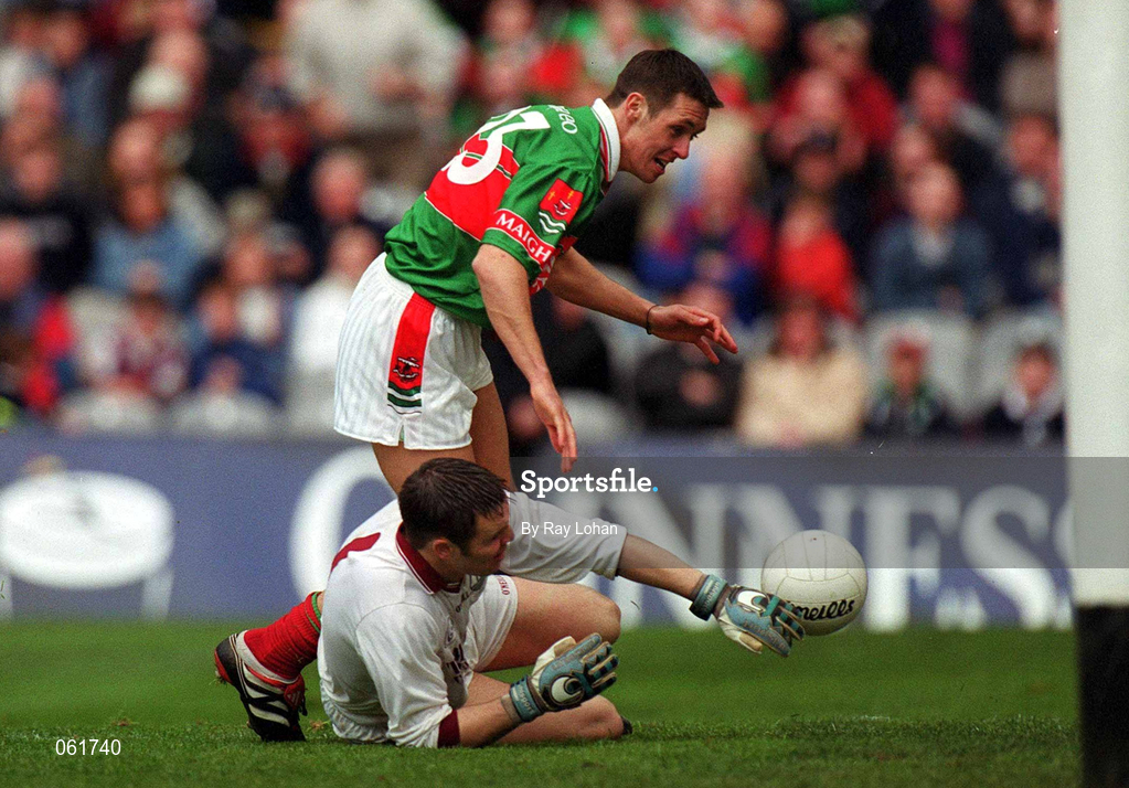 29 April 2001; Michael Moyles of Mayo has his shot saved by Galway goalkeeper Padraig Lally during the Allianz GAA National Football League Division 1 Final match betweem Mayo and Galway at Croke Park in Dublin. Photo by Ray Lohan/Sportsfile