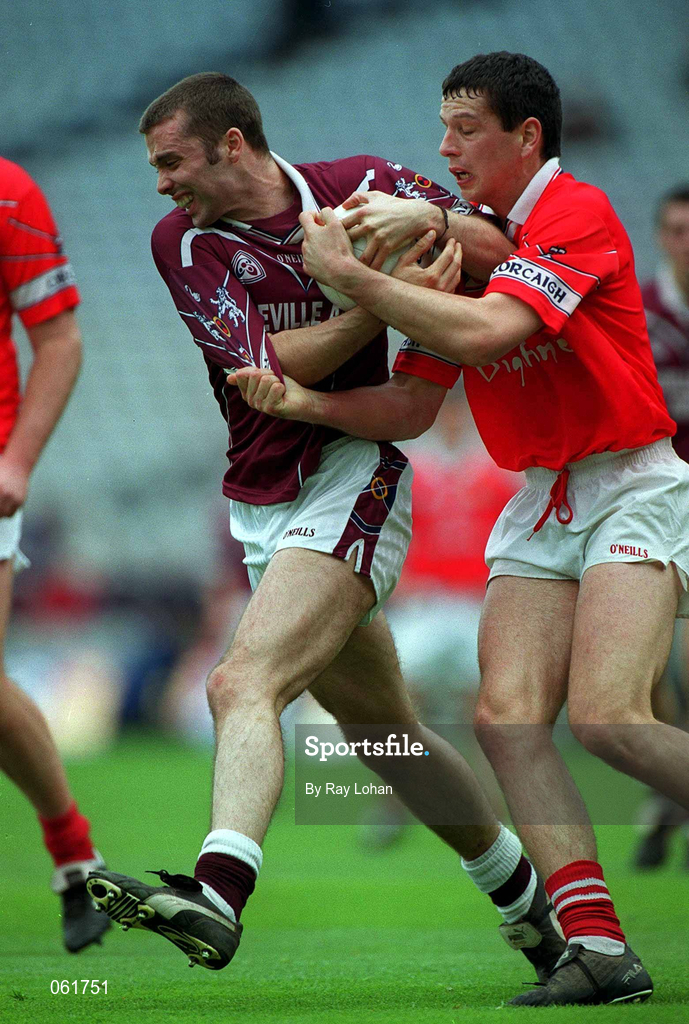 29 April 2001; Paul Conway of Westmeath is tackled by Michael O'Sullivan of Cork during the Allianz GAA National Football League Division 2 Final match between Westmeath and Cork at Croke Park in Dublin. Photo by Ray Lohan/Sportsfile