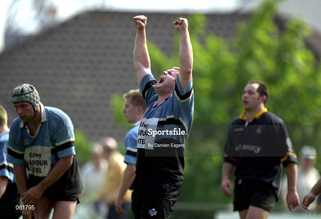 12 May 2001; Peter Bracken of Galwegians celebrates victory at the final whistle at the AIB All-Ireland League Division 1 match between Galwegians and Buccaneers at Crowley Park in Galway. Photo by Damien Eagers/Sportsfile