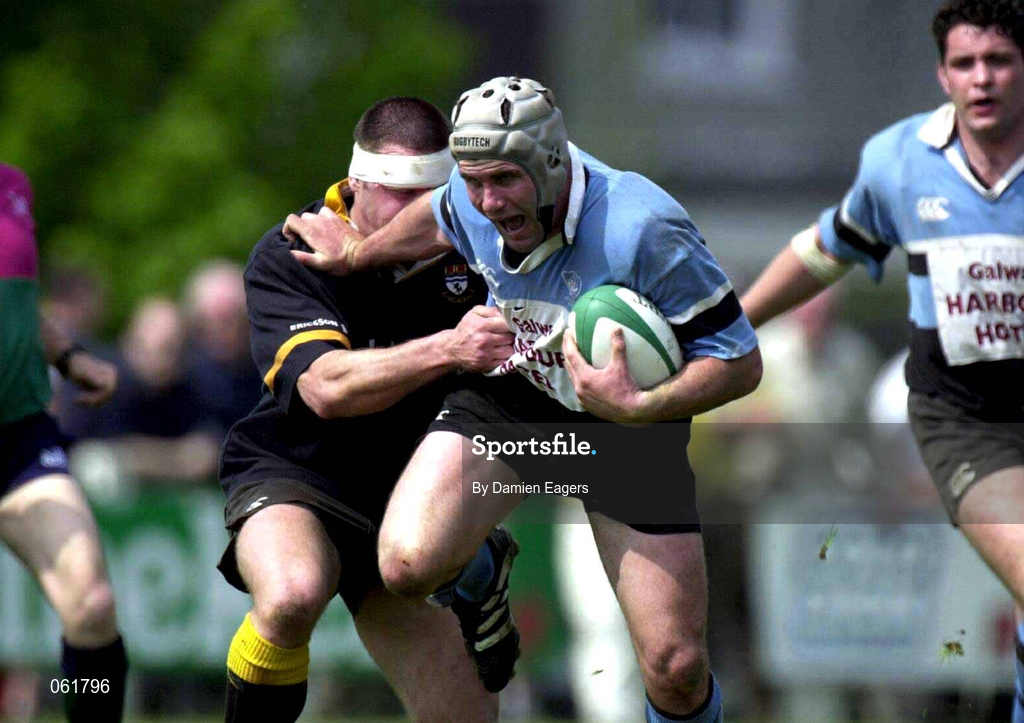12 May 2001; Mark McConnell of Galwegians is tackled by Ian Dillon of Buccaneers during the AIB All-Ireland League Division 1 match between Galwegians and Buccaneers at Crowley Park in Galway. Photo by Damien Eagers/Sportsfile