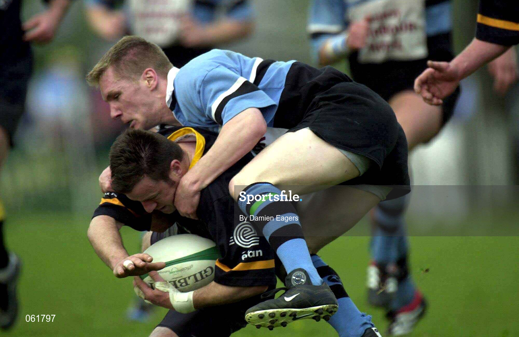 12 May 2001; Mike Devine of Buccaneers is tackled by Denver Rumney of Galwegians during the AIB All-Ireland League Division 1 match between Galwegians and Buccaneers at Crowley Park in Galway. Photo by Damien Eagers/Sportsfile
