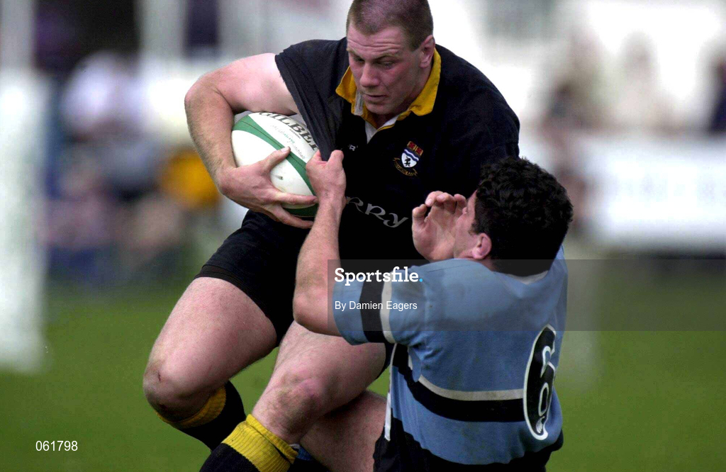 12 May 2001; Colm Rigney of Buccaneers is tackled by Barry Gavin of Galwegians during the AIB All-Ireland League Division 1 match between Galwegians and Buccaneers at Crowley Park in Galway. Photo by Damien Eagers/Sportsfile