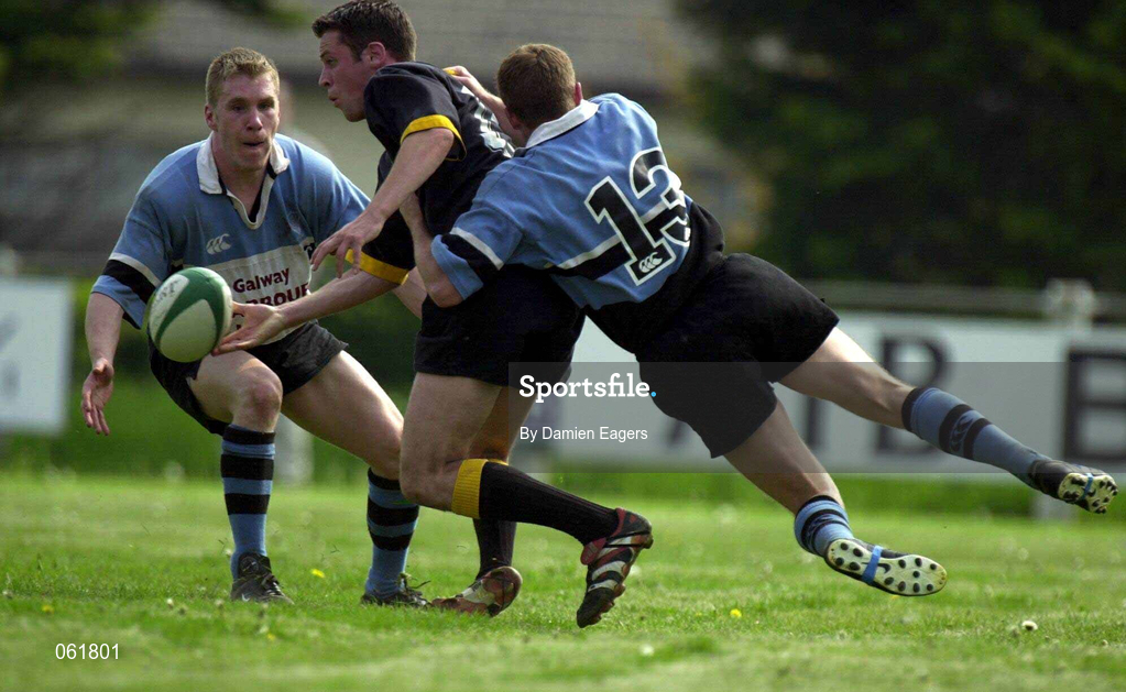 12 May 2001; Oisin Brennan of Buccaneers is tackled by Pat Duignan of Galwegians during the AIB All-Ireland League Division 1 match between Galwegians and Buccaneers at Crowley Park in Galway. Photo by Damien Eagers/Sportsfile