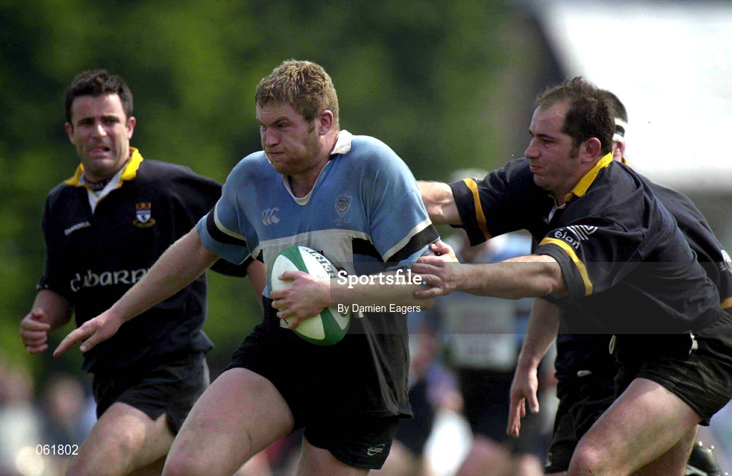 12 May 2001; Damien Browne of Galwegians is tackled by Craig Brownlie of Buccaneers during the AIB All-Ireland League Division 1 match between Galwegians and Buccaneers at Crowley Park in Galway. Photo by Damien Eagers/Sportsfile