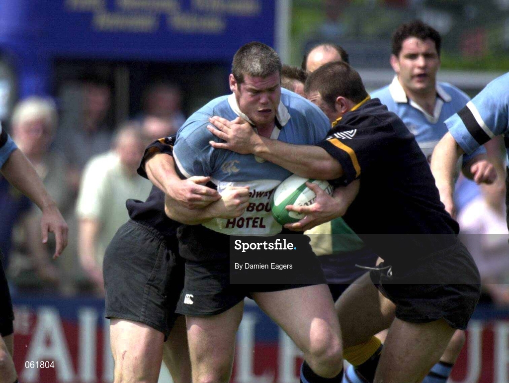 12 May 2001; Peter Bracken of Galwegians is tackled by Martin Cahill of Buccaneers during the AIB All-Ireland League Division 1 match between Galwegians and Buccaneers at Crowley Park in Galway. Photo by Damien Eagers/Sportsfile