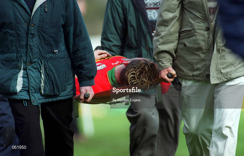 29 April 2001; James Hickey of Carlow is stretchered off the field after receiving an injury during the Guinness Leinster Senior Hurling Championship Preliminary Round match between Carlow and Laois at Dr Cullen Park in Carlow. Photo by Damien Eagers/Sportsfile
