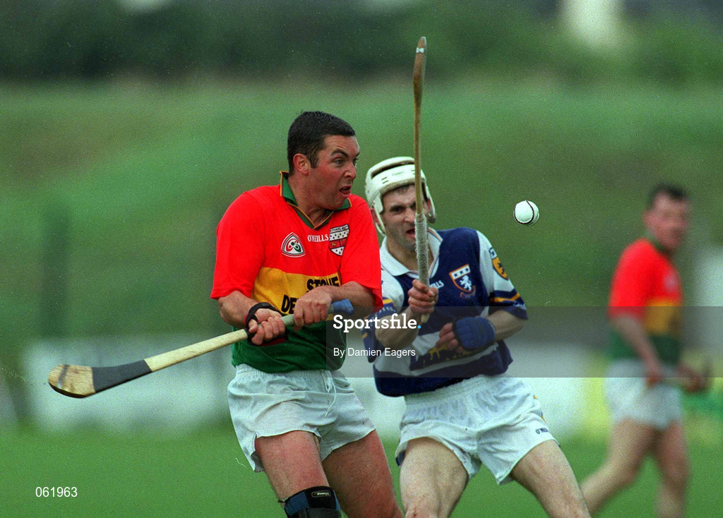 29 April 2001; Pauric Keogh of Carlow in action against Pat Phelan of Laois during the Guinness Leinster Senior Hurling Championship Preliminary Round match between Carlow and Laois at Dr Cullen Park in Carlow. Photo by Damien Eagers/Sportsfile