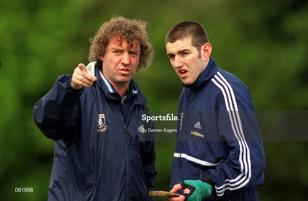 29 April 2001; Laois trainer Pat Critchley speaks with player James Young before the Guinness Leinster Senior Hurling Championship Preliminary Round match between Carlow and Laois at Dr Cullen Park in Carlow. Photo by Damien Eagers/Sportsfile
