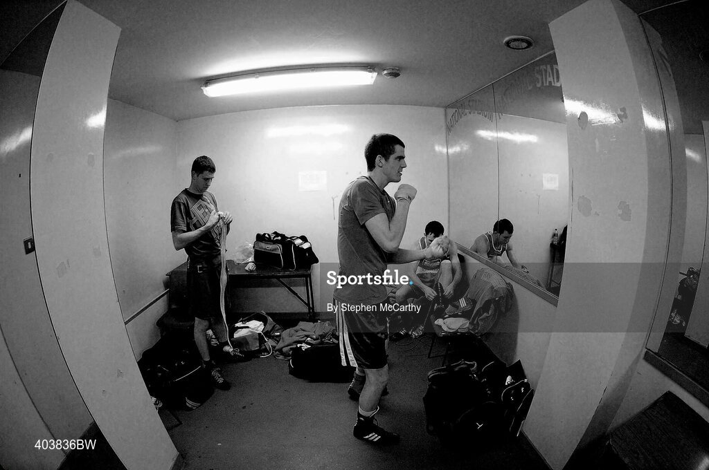 19 February 2010; Boxers, from left, Shane Murtagh, Crumlin, Fergal Redmond, Arklow, Adam Nolan, Bray, and Daniel Quinn, Glasnevin, prepare for their bouts. National Mens and Womens Elite National Boxing Championships, Preliminary Rounds, National Stadium, Dublin. Picture credit: Stephen McCarthy / SPORTSFILE