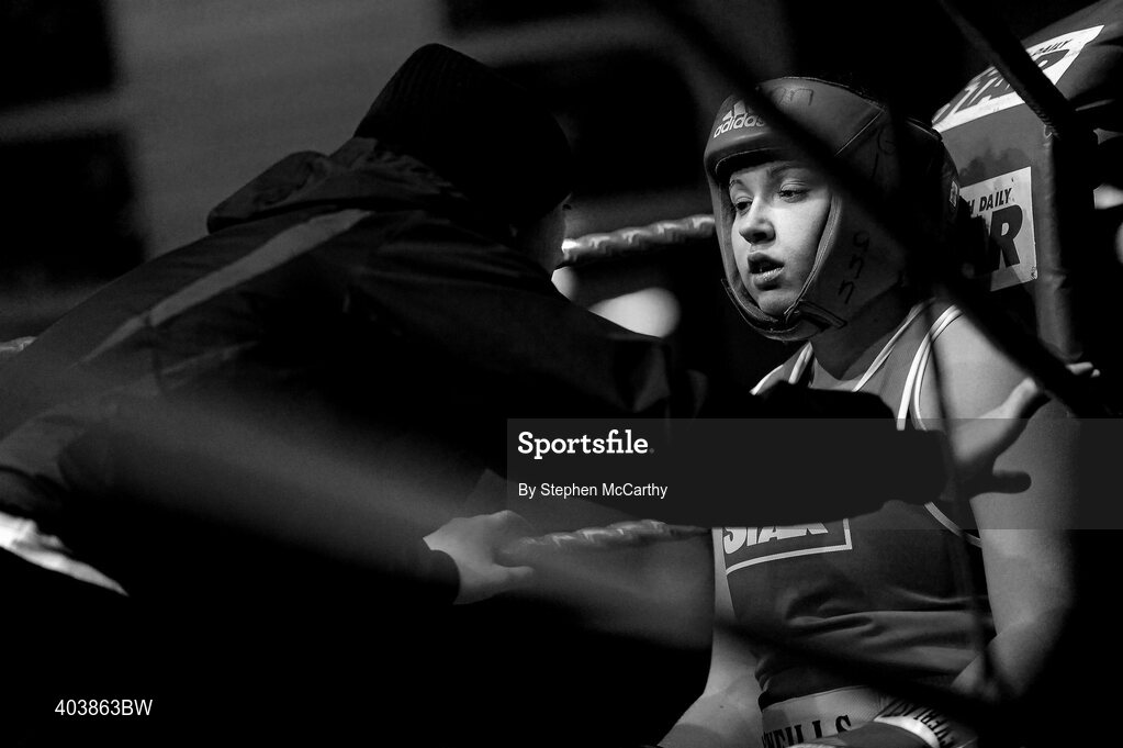 19 February 2010; Nichola Hamill, Gleann, between rounds during her Women's 69kg bout with Patricia Roddy, Bray. National Mens and Womens Elite National Boxing Championships, Preliminary Rounds. National Stadium, Dublin. Picture credit: Stephen McCarthy / SPORTSFILE