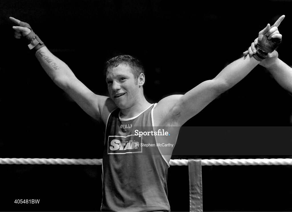 20 February 2010; Ray Moylette, St Annes, celebrates his victory over Philip Sutcliffe, Crumlin, following their 64kg bout. National Boxing Championships - Semi-Finals, National Stadium, Dublin. Picture credit: Stephen McCarthy / SPORTSFILE
