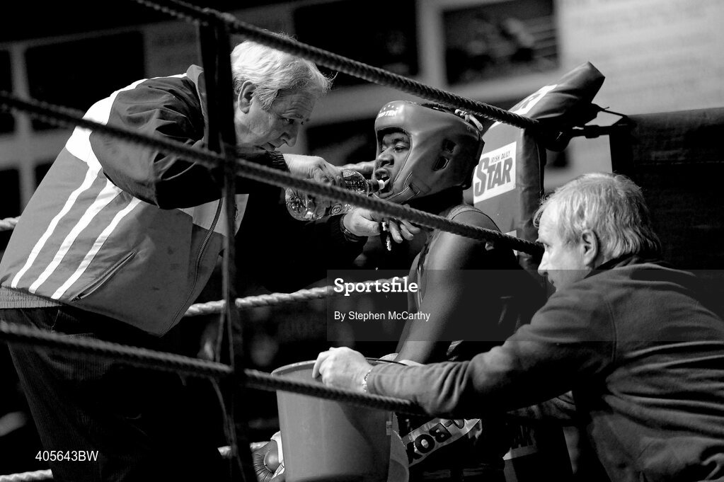 20 February 2010; Nigel Kwenda, Blessington, between rounds during his novice 60kg bout with Stephen McKeown, Keady. National Boxing Championships - Semi-Finals, National Stadium, Dublin. Picture credit: Stephen McCarthy / SPORTSFILE