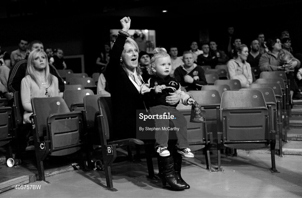 27 February 2010; Mother of Jason Quigley, Finn Valley, Muireall celebrates with daughter Holli, age 2, from Ballybofey, Co. Donegal, after his 75kg bout victory over Eamon O'Kane, Immaculata. National Mens Elite Championships Semi-Finals - Saturday, National Stadium, Dublin. Picture credit: Stephen McCarthy / SPORTSFILE