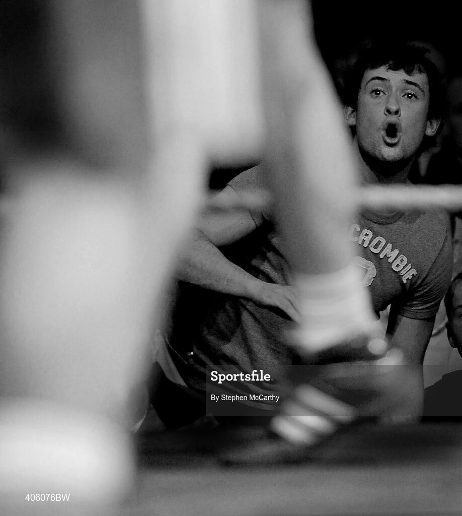 20 February 2010; A supporter urges on the boxers during the evening contests. National Boxing Championships - Semi-Finals, National Stadium, Dublin. Picture credit: Stephen McCarthy / SPORTSFILE