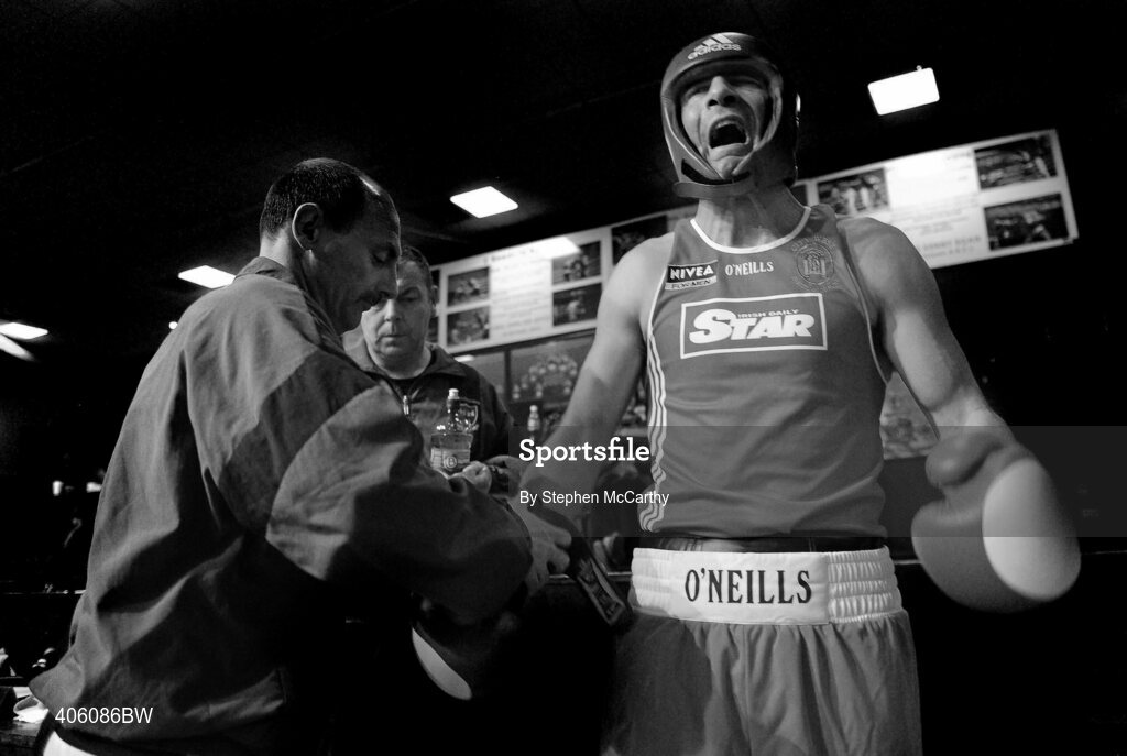 20 February 2010; Kenny Egan, Neilstown, prepares for his 81kg bout with Denis Hogan, Grangecon. National Boxing Championships - Semi-Finals, National Stadium, Dublin. Picture credit: Stephen McCarthy / SPORTSFILE