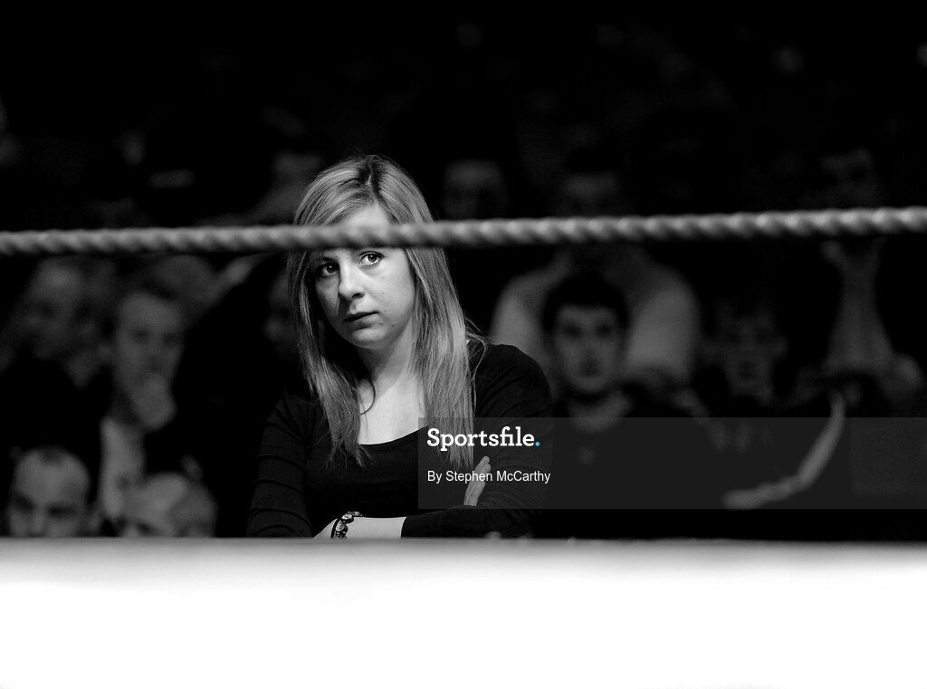 27 February 2010; A woman in the corner of Michael McGrath, Dungarvan, watches on during his 91+kg novice quarter final bout with Jonathan York, Springhill. National Mens Elite Championships Semi-Finals - Saturday, National Stadium, Dublin. Picture credit: Stephen McCarthy / SPORTSFILE
