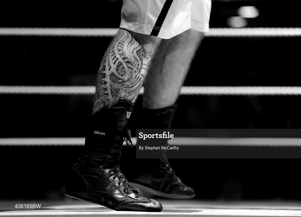 27 February 2010; A general view of a tattoo on the leg of Paul Courtney, Lucan, during his 91+kg noivce quarter final with Rafal Bronkal, Eagle. National Mens Elite Championships Semi-Finals - Saturday, National Stadium, Dublin. Picture credit: Stephen McCarthy / SPORTSFILE