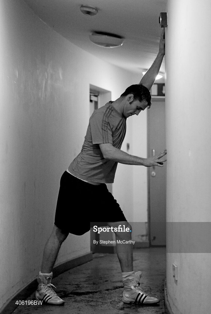 27 February 2010; Roy Sheehan, St Michaels Athy, prepares for his 69kg bout with John Joe Joyce, St Michaels Athy. National Mens Elite Championships Semi-Finals - Saturday, National Stadium, Dublin. Picture credit: Stephen McCarthy / SPORTSFILE