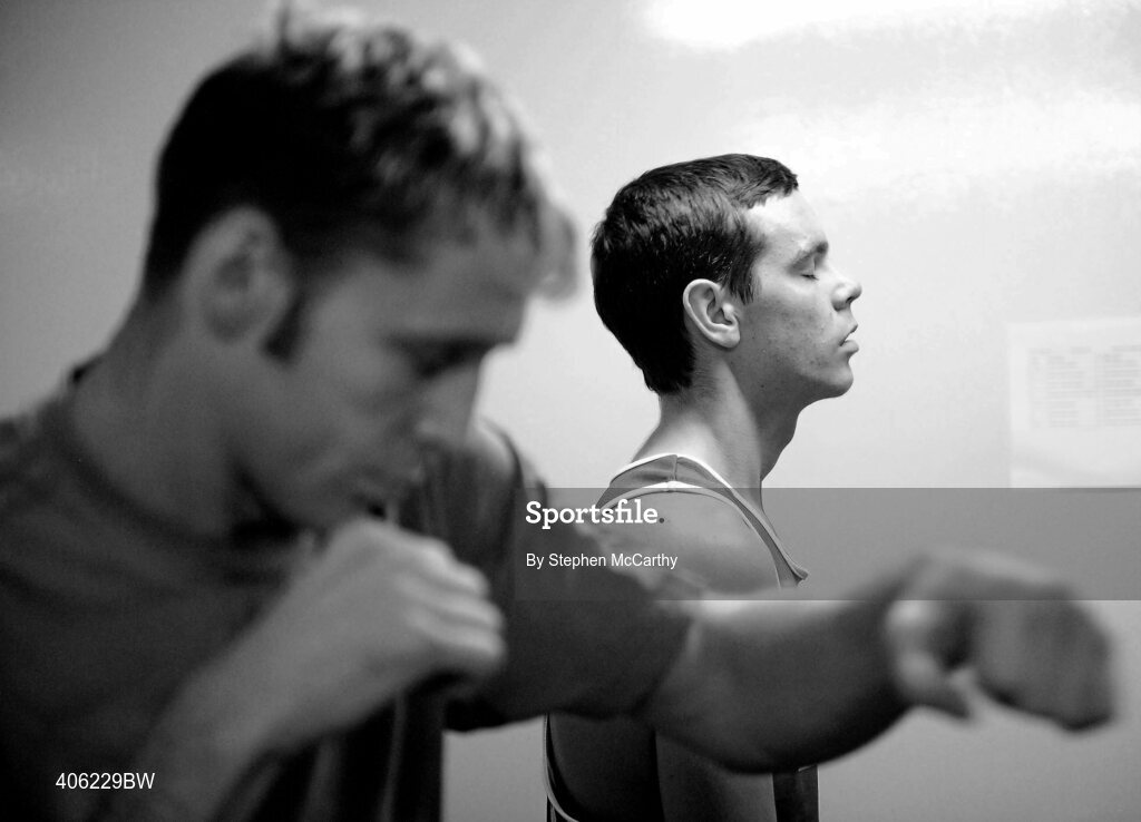 27 February 2010; Sonny Upton, Holy Family Golden Gloves, prepares for his 64kg bout with Stephen Donnelly, All Saints, while Roy Sheehan, St Michaels Athy, left, prepares for his 69kg bout with John Joe Joyce, St Michaels Athy. National Mens Elite Championships Semi-Finals - Saturday, National Stadium, Dublin. Picture credit: Stephen McCarthy / SPORTSFILE