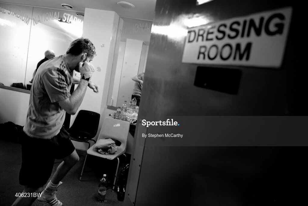 27 February 2010; Roy Sheehan, St Michaels Athy, prepares for his 69kg bout with John Joe Joyce, St Michaels Athy. National Mens Elite Championships Semi-Finals - Saturday, National Stadium, Dublin. Picture credit: Stephen McCarthy / SPORTSFILE