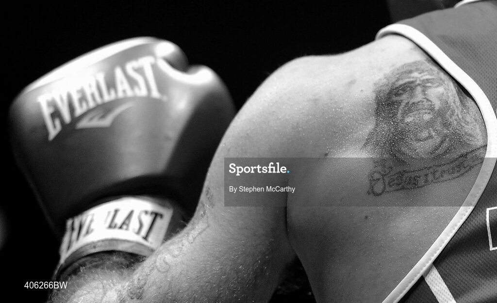 27 February 2010; John Joe Joyce, St Michaels Athy, supports tatoos during his 69kg bout against Roy Sheehan, St Michaels Athy. National Mens Elite Championships Semi-Finals - Saturday, National Stadium, Dublin. Picture credit: Stephen McCarthy / SPORTSFILE